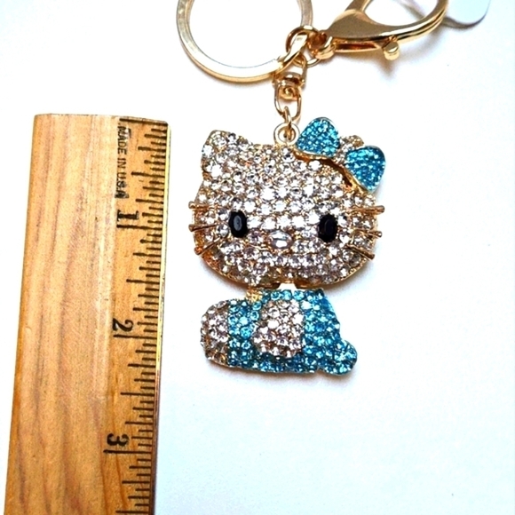 Hello Kitty Rhinestone Keychain Azure Blue and Gold Tone - Picture 3 of 6